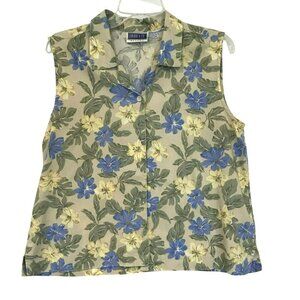 Erika & Co Petites Blouse Sleeveless Tropical Floral Collared Front Button Sz LP